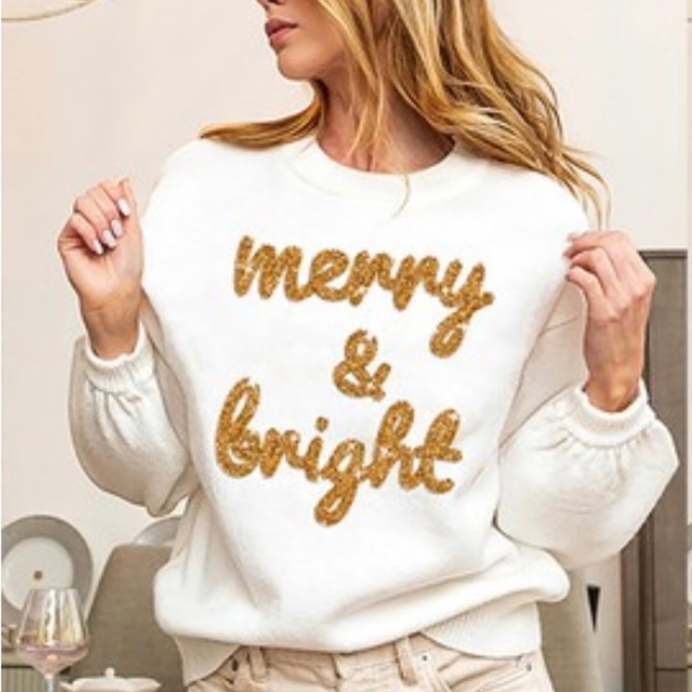 Merry and Bright Gold and White Tinsel Sweater